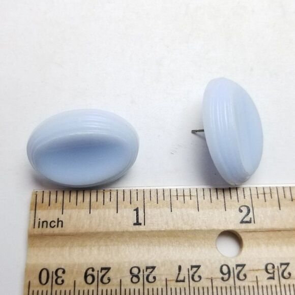 Vintage Light Blue Plastic Oval Stud Earrings, Tiered Design Edges, 80s Style - Picture 4 of 5